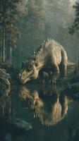 Dinosaur drinking water in serene forest setting at dawn with fog and reflections in still water photo