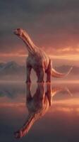 Giant dinosaur stands majestically in reflective waters at sunset in a tranquil landscape photo