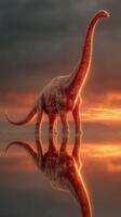Massive dinosaur stands by a serene lake at sunset highlighting its majestic silhouette and reflection in calm water photo