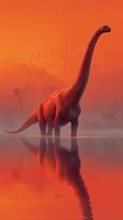 Large dinosaur stands majestically in a misty lake during sunset with vibrant orange sky and silhouette of trees photo