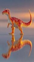 Brightly colored dinosaur stands on reflective surface during sunset in a serene landscape photo