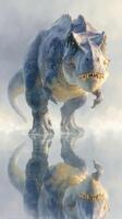Giant dinosaur emerges from misty landscape on a calm reflective surface at dawn photo
