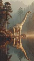 Large dinosaur standing near a tranquil lake surrounded by lush trees during early morning fog photo