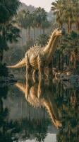 Dinosaur stands gracefully in a serene lagoon surrounded by lush greenery during golden hour at a prehistoric-themed park photo