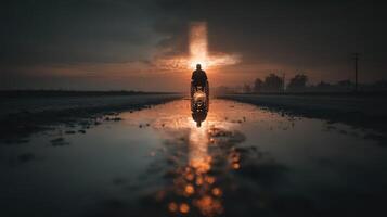 Majestic sunset reflects on a tranquil road as a wheelchair user contemplates the horizon in solitude photo