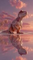 Giant dinosaur stands on a beach at sunset reflecting in the water under a colorful sky photo