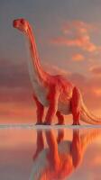 Dinosaur silhouette against a colorful sunset reflecting on calm waters photo