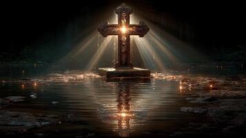 Illuminated cross in calm water with beams of light shining from above at dusk photo