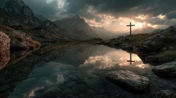 Mountain landscape with a cross at sunset reflecting in calm water photo