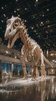 Large dinosaur skeleton on display in a modern exhibition hall with bright lighting photo