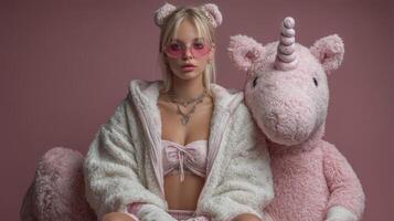 Young woman in pastel outfit poses with large stuffed unicorn in cozy, pink-themed setting during a studio photoshoot photo