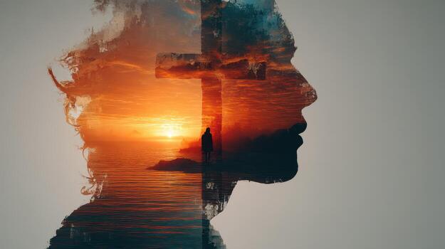 puesta de sol silueta de un cruzar y humano perfil con Oceano fondo refleja espiritualidad y calma durante crepúsculo foto