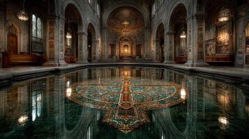 Intricate reflections in an ornate cultural hall with elegant architecture and colorful mosaic designs photo