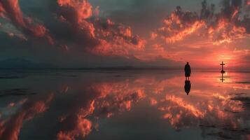 Stunning sunset reflecting on tranquil waters with solitary figure standing at the shoreline photo