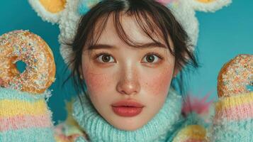 Bright and playful young woman with doughnuts in cozy pastel sweater against blue background photo