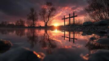 Sunset over tranquil river with reflective trees and three wooden crosses marking a serene landscape photo