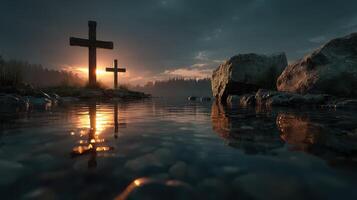 Reflections at sunset near wooden crosses by a serene lake surrounded by trees and rocks photo
