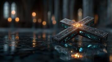 Intricate cross with glowing center rests on reflective surface in an atmospheric, dimly lit space photo