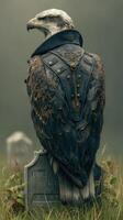 Majestic eagle in a military coat perched on a gravestone in a foggy cemetery during an overcast day photo