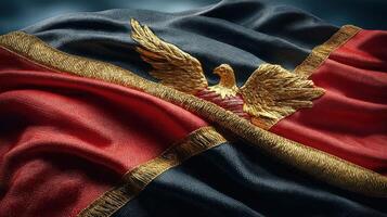 Flag displaying intricate embroidery with eagle emblem on dark fabric, showcasing craftsmanship and design elements photo