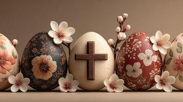 Colorful Easter eggs decorated with floral designs and a wooden cross displayed with blossoms photo