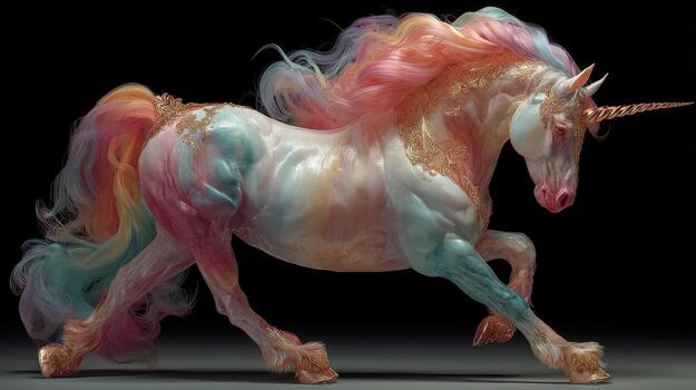 Colorful unicorn with flowing mane trotting gracefully against a dark background photo