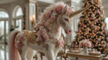 Elegant unicorn adorned with flowers stands in a beautifully decorated room during a festive season celebration photo