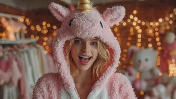 Smiling woman in unicorn onesie surrounded by cozy decorations during a festive evening indoors photo