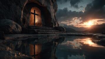 Dark cave entrance with illuminated cross at sunset reflecting in calm water photo