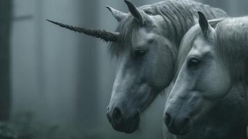Mystical unicorns standing together in an enchanting forest during twilight hours photo