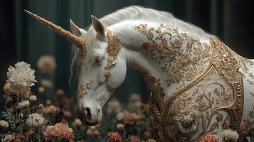 Majestic unicorn adorned with golden details stands gracefully among vibrant flowers in a mystical forest photo