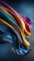 Vibrant fabric waving in the wind showcases a blend of colors and textures ideal for artistic inspiration or design photo