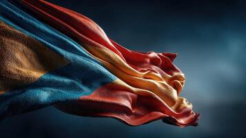 Vibrant flag of Romania waving gracefully in the wind against a dark backdrop photo