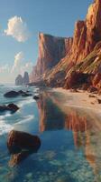 Stunning coastal cliffs reflect in tranquil waters at sunset near the beach photo