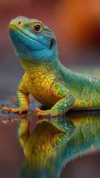 Vibrantly colored lizard basking beside a reflective surface in a natural habitat during daylight hours photo