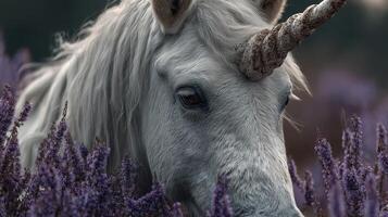 Mystical unicorn grazing in a field of lavender flowers during early morning light photo