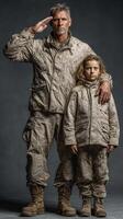Military veteran salutes alongside child in matching camouflage uniforms in a dramatic indoor setting photo