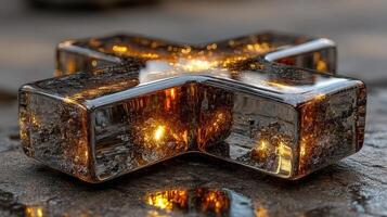 Unique sculpture of a cross shape made from translucent material reflecting light on a surface photo