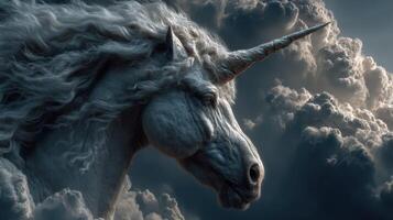 Majestic unicorn emerges from dark clouds under a stormy sky at twilight photo