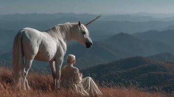 Majestic unicorn and ethereal figure enjoy serene mountain view at twilight photo