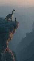 Dinosaur encounters human atop a breathtaking cliff at sunset, showcasing nature's majesty and imagination photo