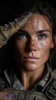 Brave soldier saluting with intense focus and determination in a military setting photo