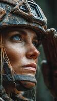 Soldier with helmet saluting in a forest setting during a daytime training exercise photo