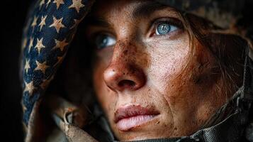 Soldier with a weathered face showing determination and resilience during a military operation at dusk photo
