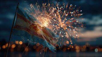 Celebration of independence with fireworks illuminating a national flag at dusk photo