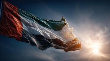 Spectacular display of a waving flag against a vibrant sunset sky in a tranquil setting photo