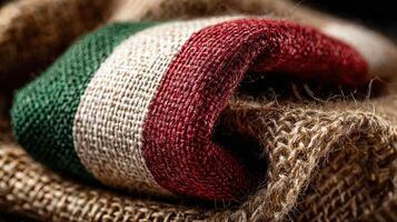 Woven fabric with red, green, and white stripes shows intricate texture and detail in close-up shot taken indoors photo