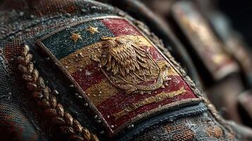 Detailed close-up of a unique textured badge featuring a stylized eagle and stars against vibrant colors photo