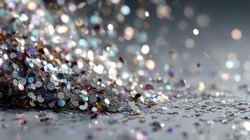 Sparkling mix of colorful glitter scattered on a smooth surface in bright light photo