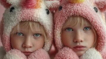 Twin children wearing fluffy unicorn hats with soft expressions in pastel setting during a cozy winter day photo